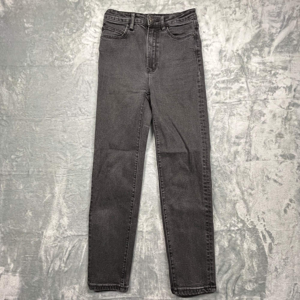 Stradivarius Mom Slim Jeans Women 4 Charcoal Black High Rise Tapered Faded Denim